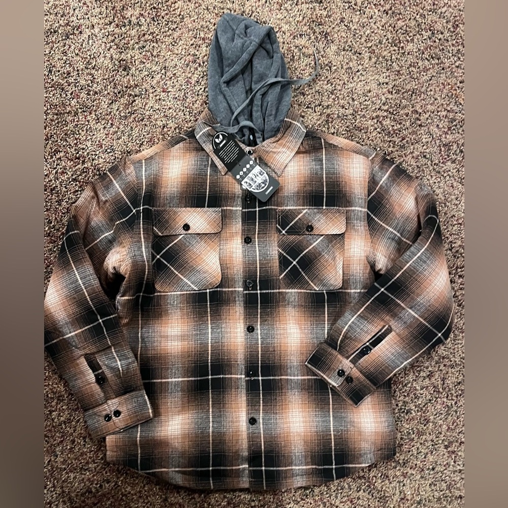 NWT Woitury Brown Plaid Hooded Jacket Shacket Size L